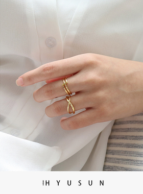 纯银戒指女镀18k金简约个性ins冷淡风潮人网红开口双层食指关节戒