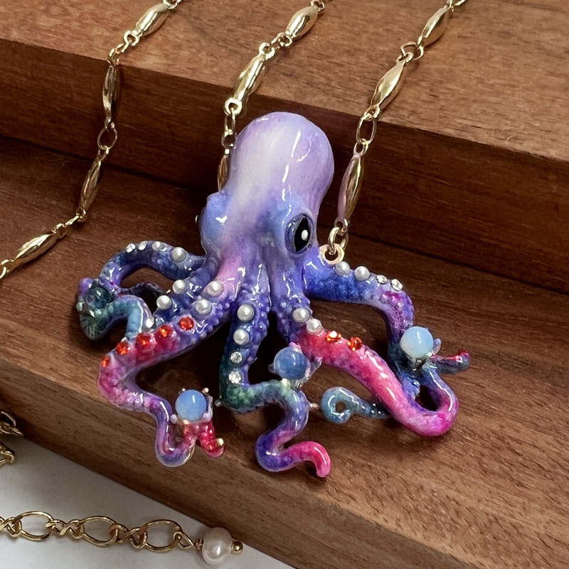 原创设计珐琅釉彩手绘新款章鱼海洋大气长款毛衣链衬衫链轻奢时尚