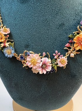 独立原创法式珐琅釉镶钻重工白色粉雏菊花朵树叶锁骨项链大气礼物