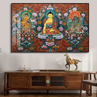 横幅释迦牟尼三世佛绿度母文殊菩萨唐卡西藏客厅装饰大幅佛像挂画