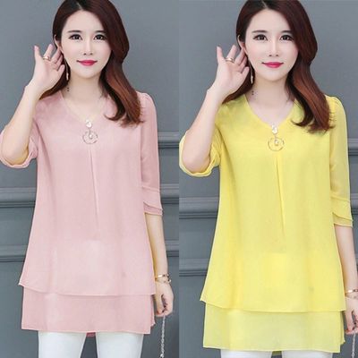 短袖雪纺衫胖MM大码女装宽松小清新中长款