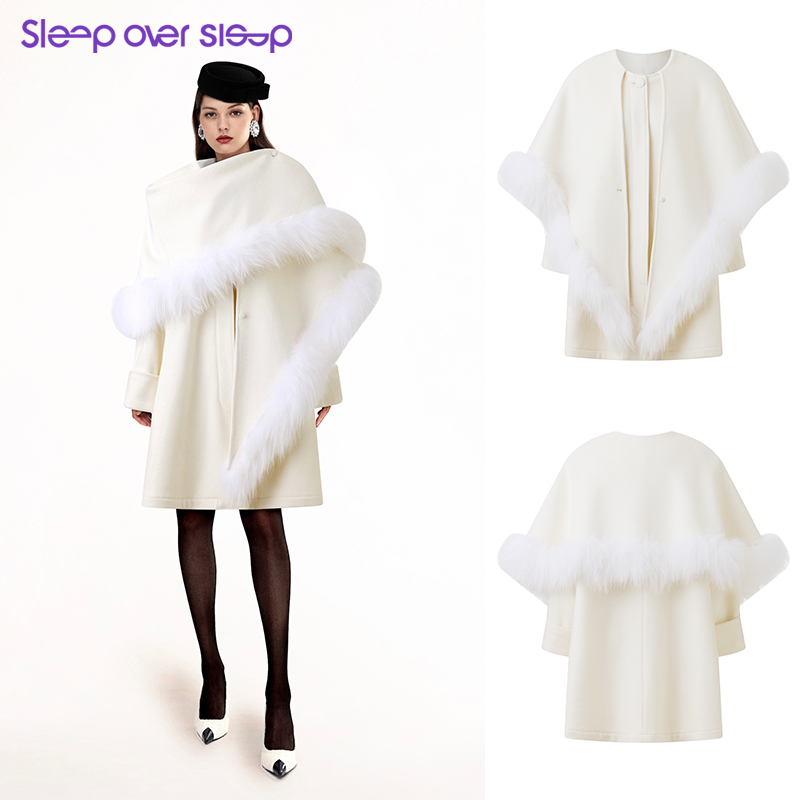 白色羊毛呢披肩廓型毛毛装饰大衣
