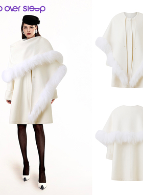 Sleep Over Sleep新款貉子毛毛装饰纯羊毛呢披肩廓型白色短大衣