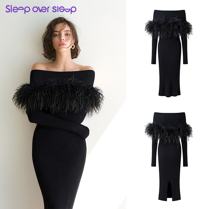 黑色一字肩鸵鸟毛毛织连衣长裙