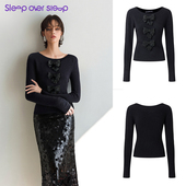 Sleep秋冬新款 Sleep Over 千金黑色钉珠蝴蝶结一字领收腰毛织上衣