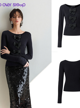 Sleep Over Sleep秋冬新款千金黑色钉珠蝴蝶结一字领收腰毛织上衣