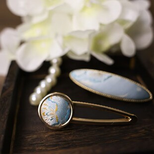 国风宋锦发夹女童成人头饰唐装汉服发卡蓝色中国风气质显白侧边夹