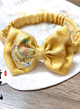 新中式黄色深红色礼服头饰女宝宝百天周岁唐装发带抓周蝴蝶结发夹