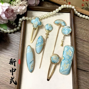 手工原创古风宋锦发夹女童成人头饰唐装汉服发卡蓝色国风气质发簪