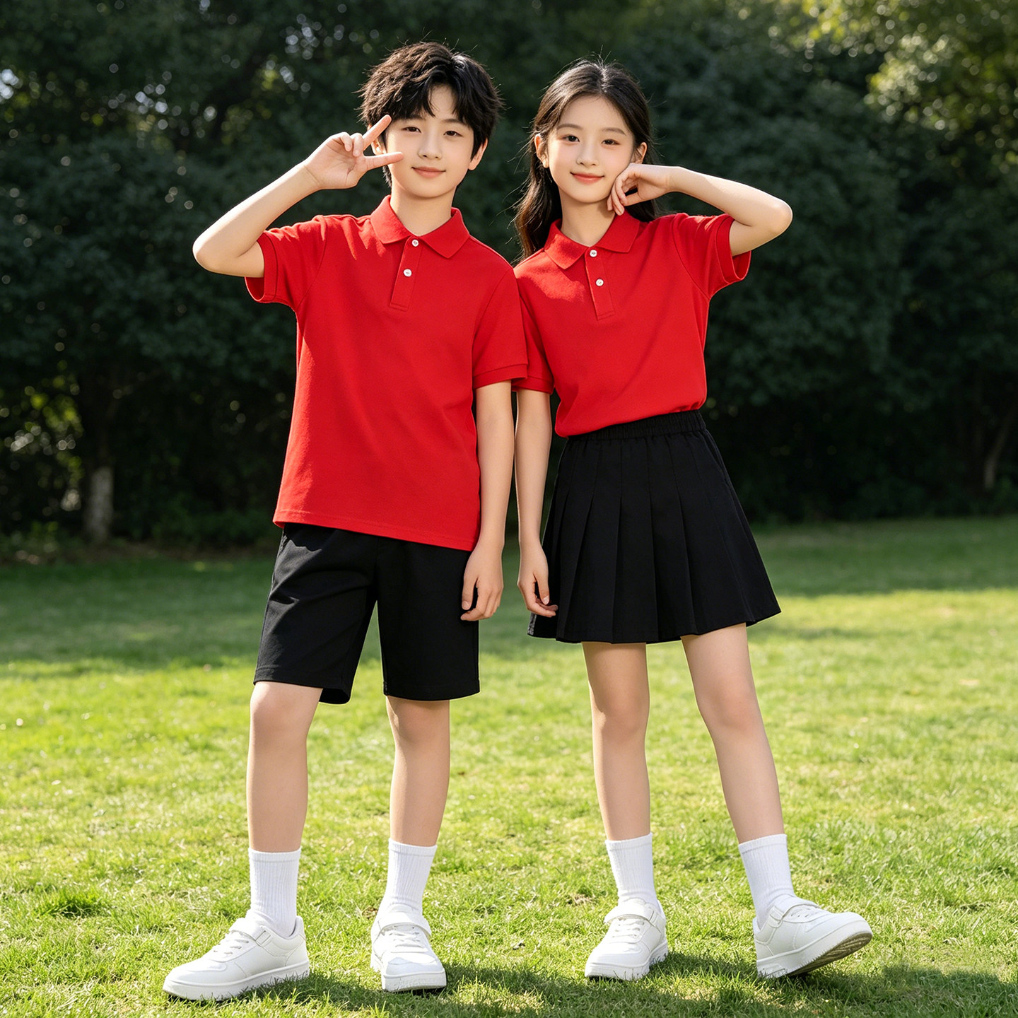 儿童套装红色演出服小学生运动服研学班服男童短袖POLO衫短裤短裙