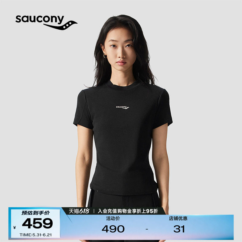 Saucony索康尼女子春夏2A抗菌时尚减龄小高领修身微弹短袖针织衫