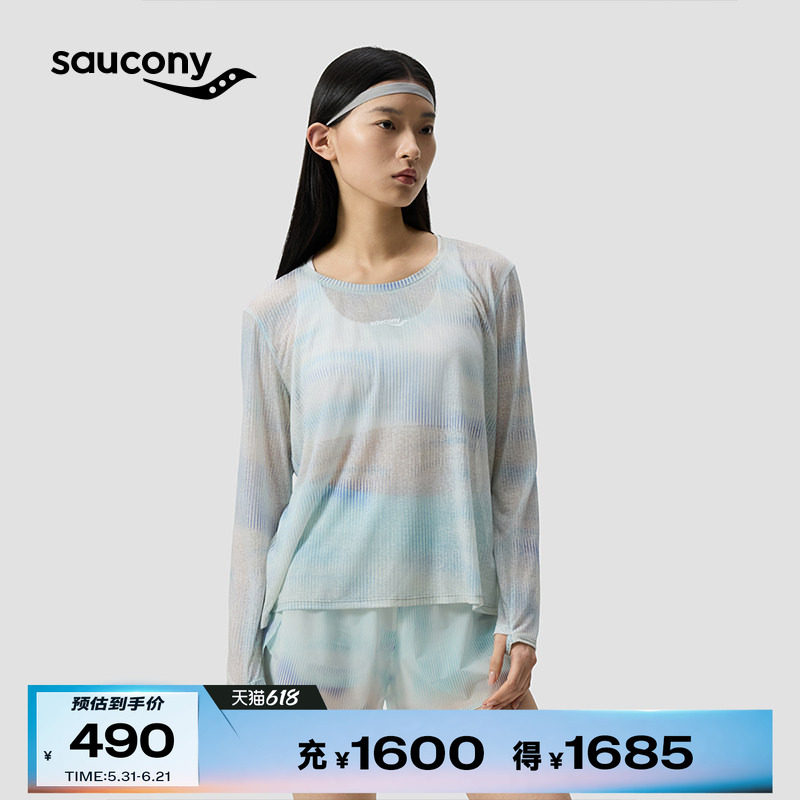 Saucony索康尼女子蓝白横条印花后背开衩圆领宽松长袖针织衫