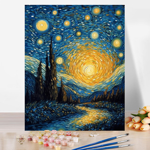 数字油画diy手工手绘星空风景复杂丙烯填充油彩画画高级感装饰画