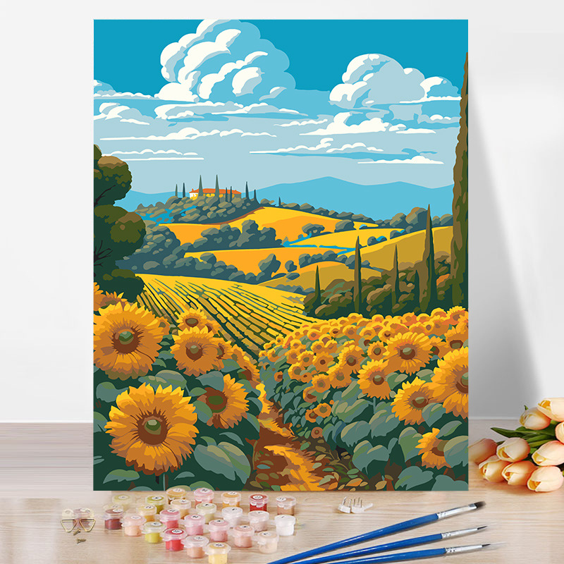 向日葵数字油画diy油彩画植物花卉手绘风景填色装饰画丙烯颜料画图片