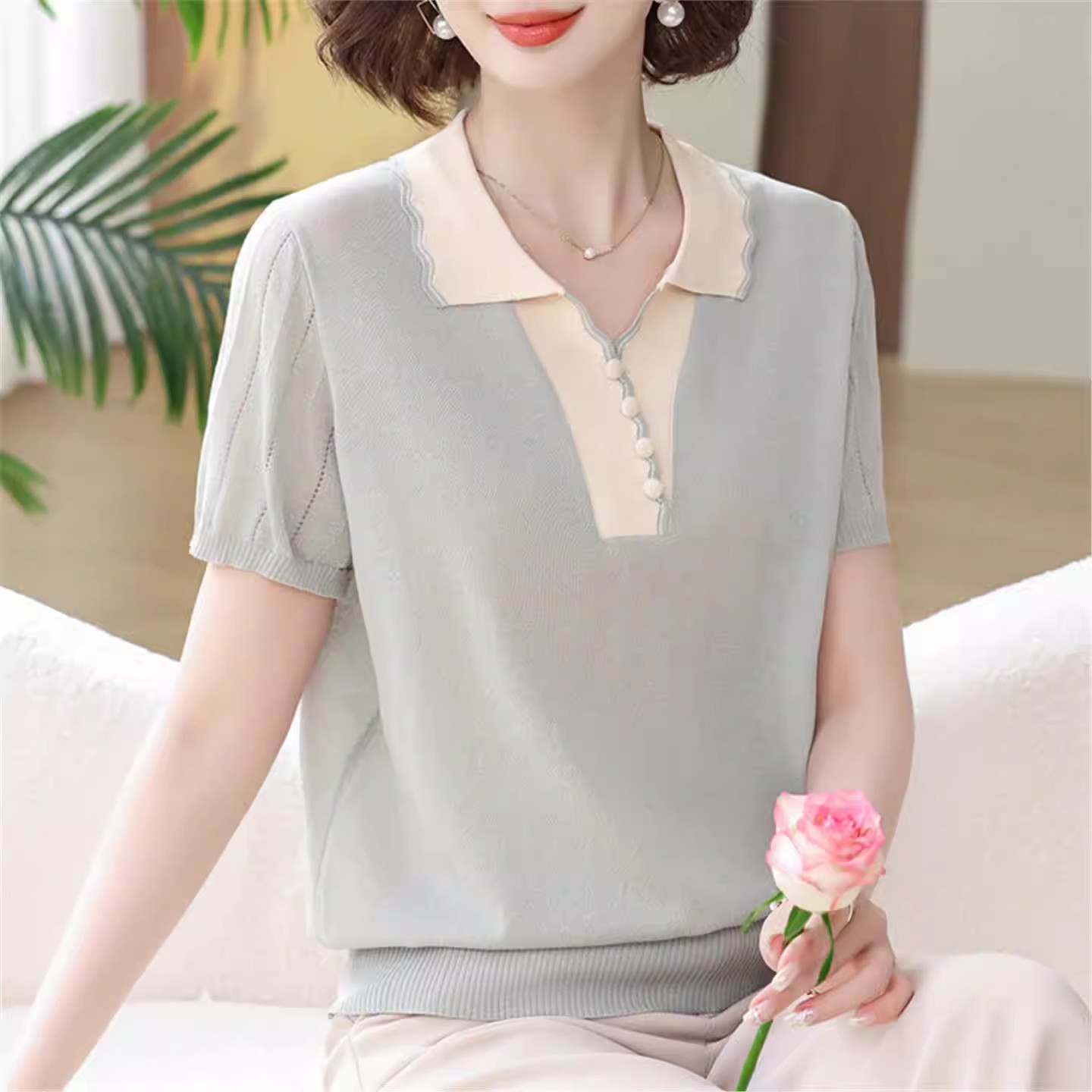 韩国浅青色翻领短袖T恤女夏2026新款妈妈时尚针织小衫冰丝上衣潮