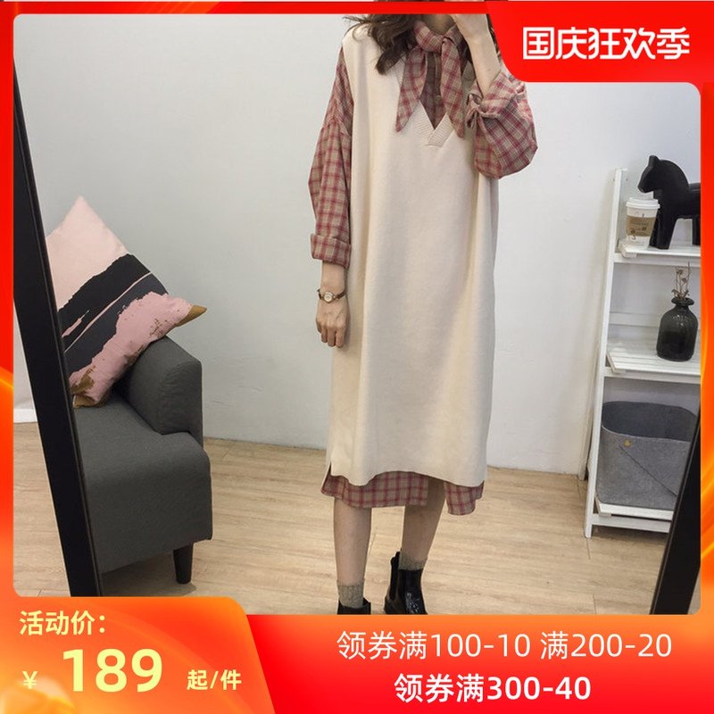 纯色V领背心马甲女秋冬中长款无袖套头针织衫外穿宽松慵懒毛衣潮