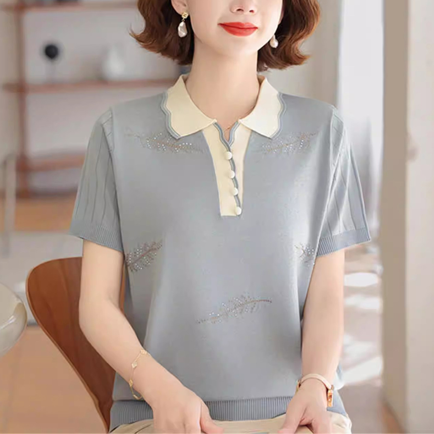 韩国蓝色翻领短袖T恤女夏2026新款妈妈冰丝洋派小个子时尚上衣潮