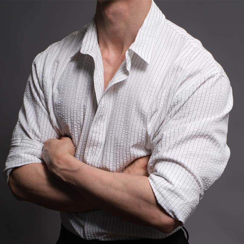 泡泡纱 BD健美站老钱风白色长袖衬衫男士黑色人夫感衬衣男健身