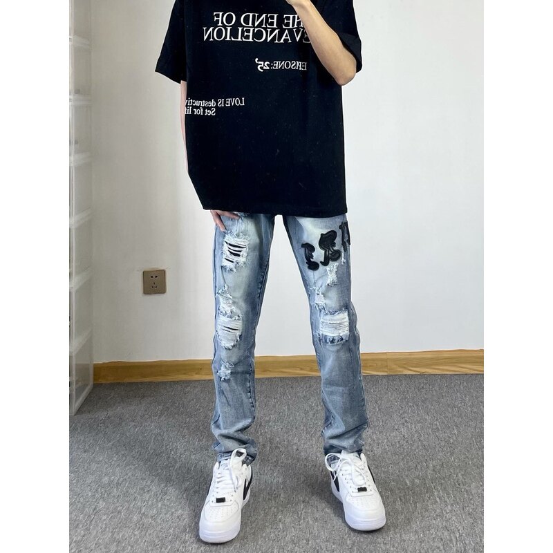 AMlri贴标破洞牛仔裤男夏季高街欧美网红显瘦学生宽松水洗小脚裤