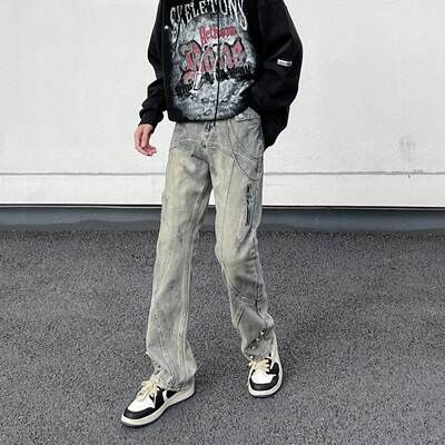 高街美式复古水洗做旧黄泥牛仔裤男宽松直筒vibe微喇嘻哈痞帅裤子
