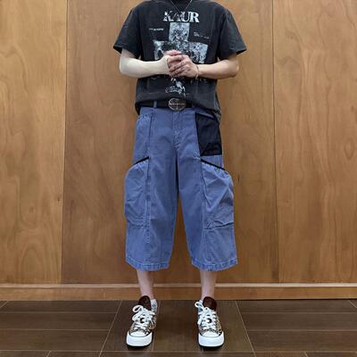 KISSNATE街头「亚比园丁裤」夏季直筒酵洗法工蓝灰工装男女七分裤