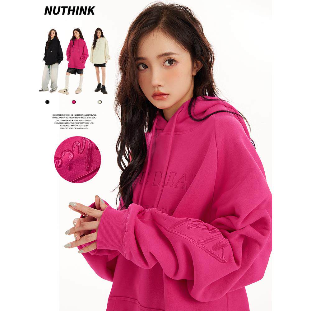 国潮字母刺绣玫红色卫衣加绒连帽男女oversize情侣外套2026秋新款