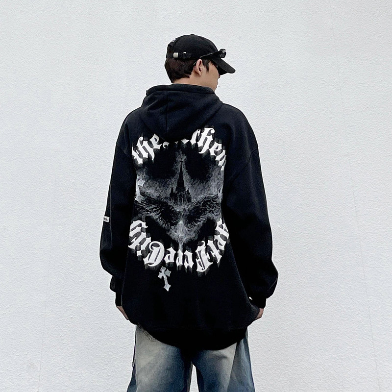 非潮勿近高街美式水洗做旧复古oversize重磅潮牌痞帅连帽衫卫衣男