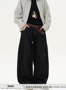 MADWITCH复古丹宁黑色阔腿弯刀牛仔裤男女美式百搭直筒宽松休闲裤