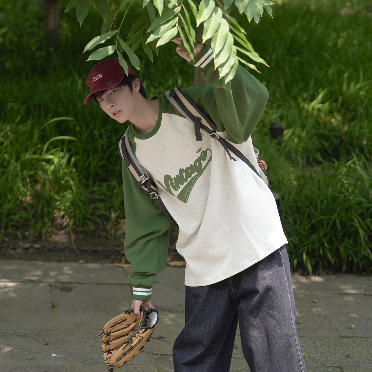 春装圆领卫衣精梳300g华棉重磅针织布印花校园风少年感拼色上衣