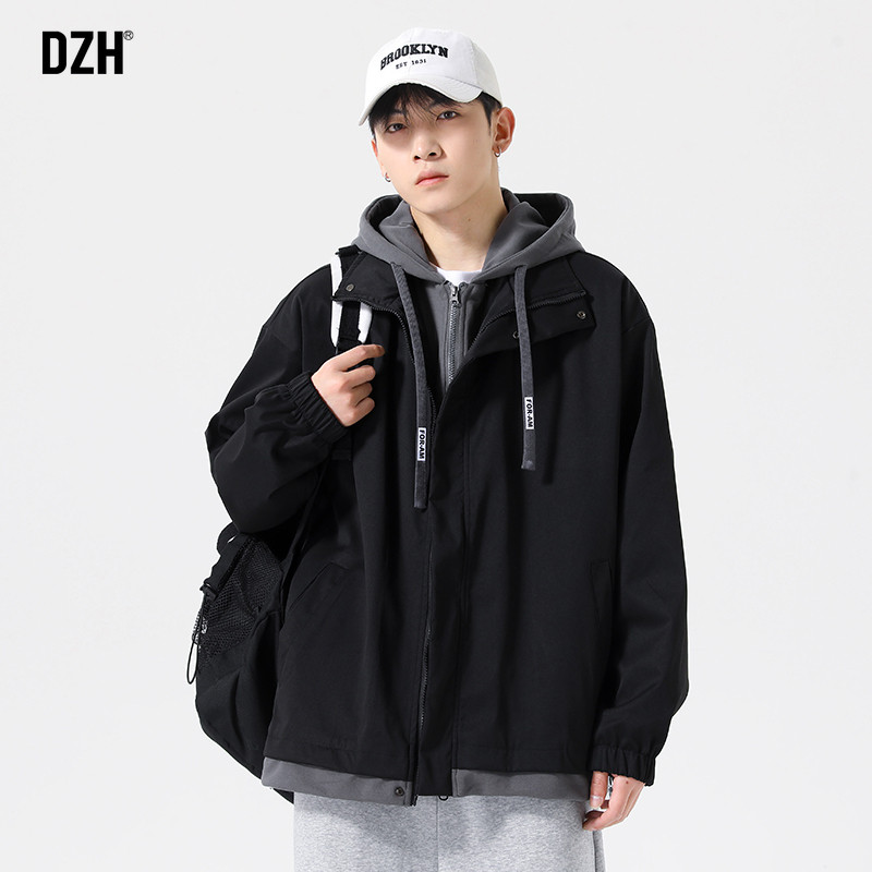 男生假两件外套男春季衣服休闲秋装卫衣2026新款夹克潮牌上衣男装