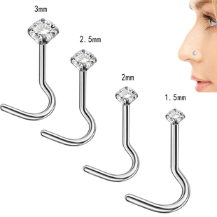 旅悦钛合金圆形锆石防过敏弯杆鼻钉鼻环防脱落0.8mm细针