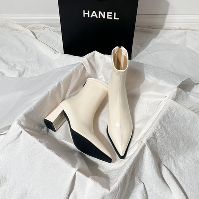 米色尖头短靴法式小踝靴