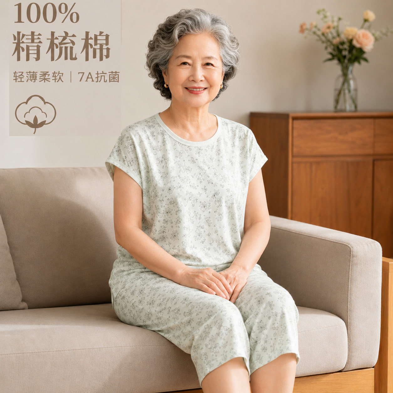 中老年纯棉女士睡衣妈妈薄款宽松全棉短袖老人可外穿家居服套装夏