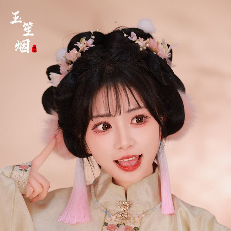 汉服发饰女妲己粉色大毛球发夹可爱古风头饰日常毛毛对夹流苏配饰