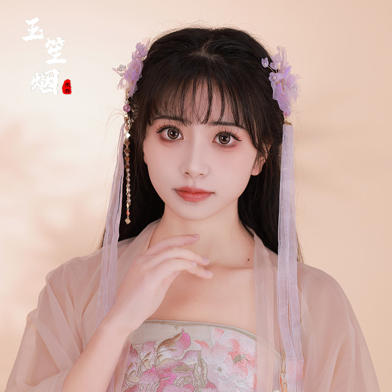 玉笙烟原创梦蝴蝶发夹紫色飘带图片