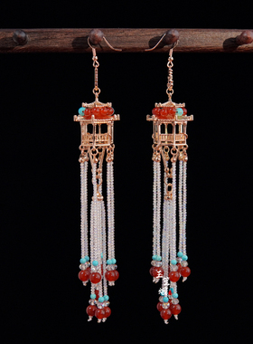 宫灯流苏新年红色耳环古风新中式耳坠复古耳饰汉服配饰2025年新款