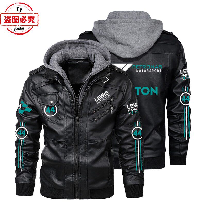 F1车手刘易斯·汉密尔顿数字44徽标pu皮衣男连帽夹克团队服皮夹克