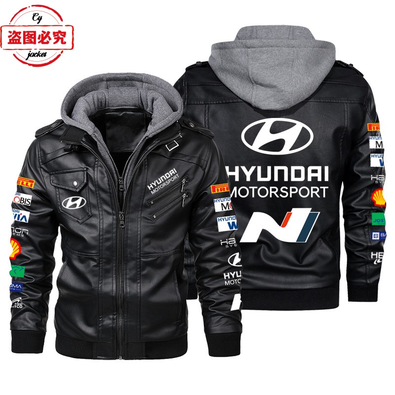 Hyundai N 汽车LOGO复古水洗pu皮衣男士连帽夹Hyundai N车队队服