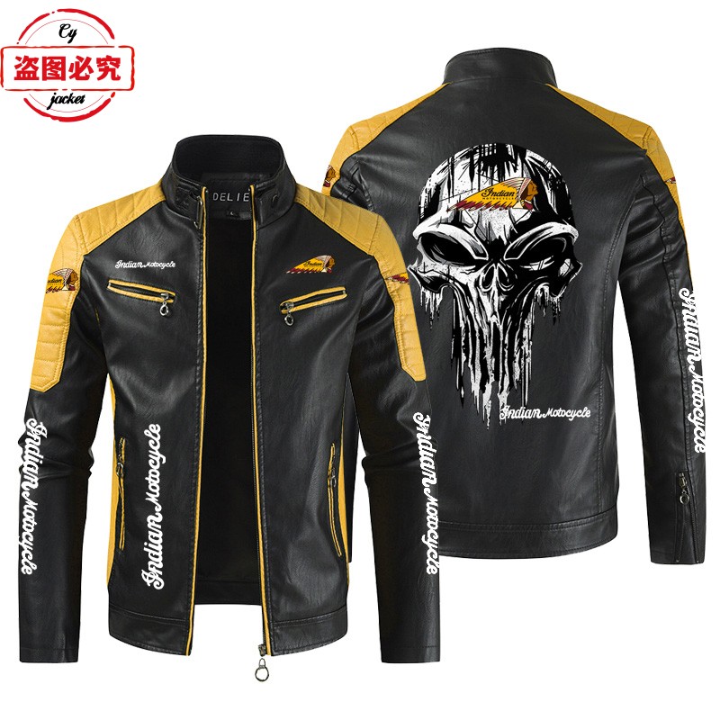 摩托车LOGO印花复古水洗pu皮衣秋冬款印第安骑行服男士春秋皮夹克