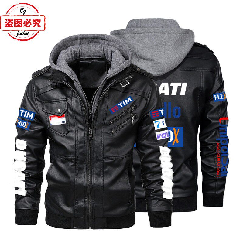 印花摩托车LOGO复古水洗pu皮衣防风男士连帽夹克车队团队服皮夹克