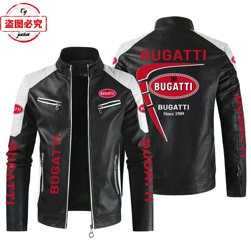 Bugatti汽车LOGO印花赛车服PU皮衣立领防风布加迪车队夹克工作服