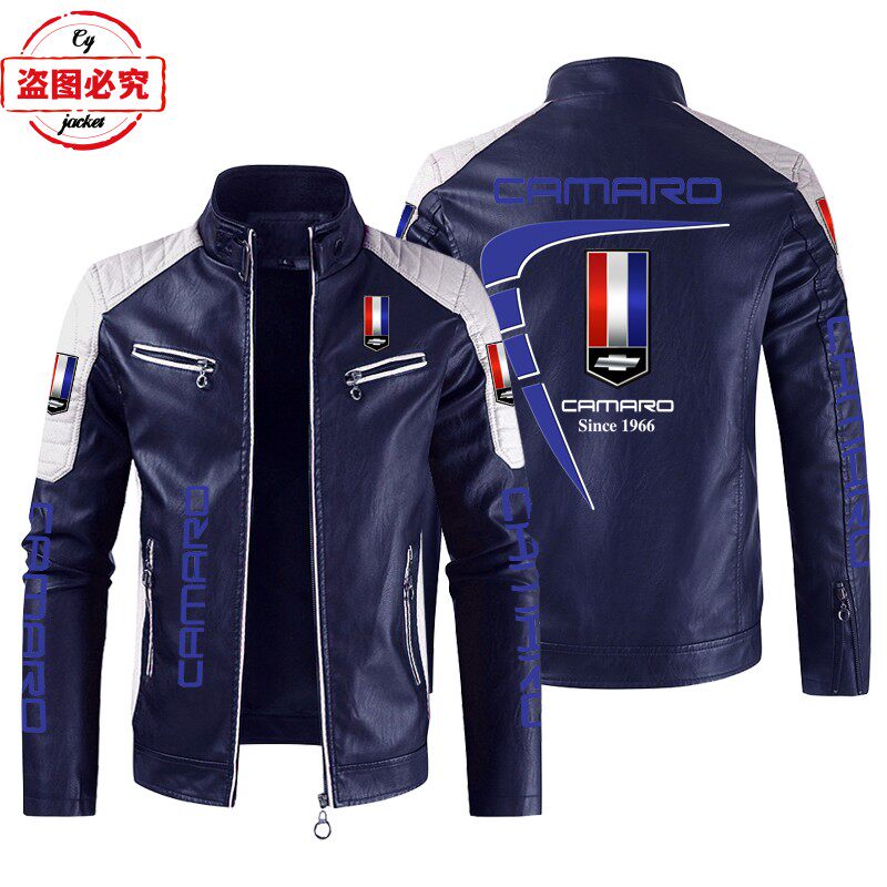 Camaro汽车LOGO印花赛车服PU皮衣立领防风科迈罗车队夹克工作服