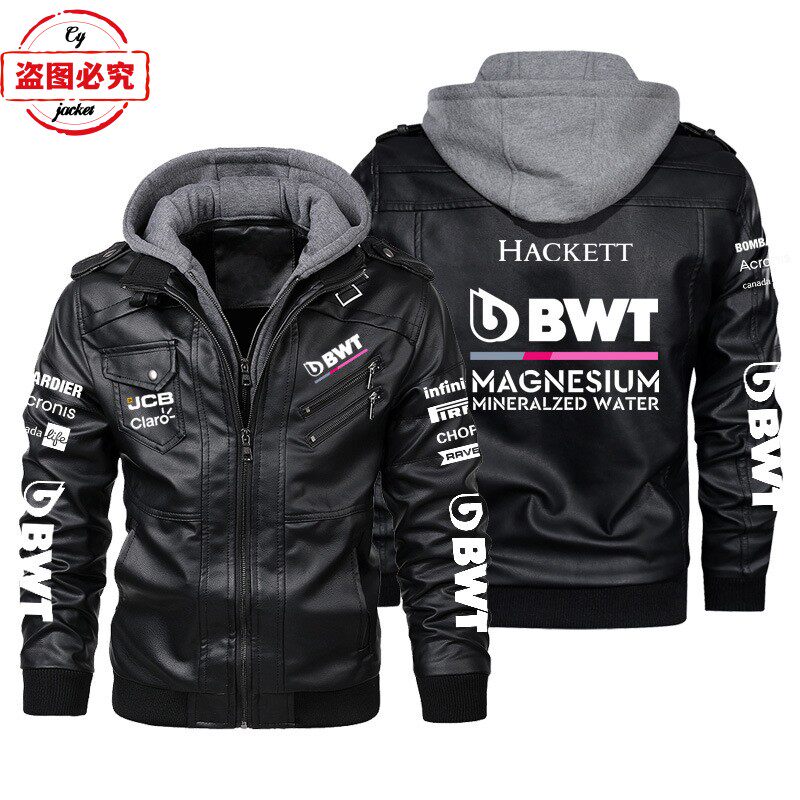 F1赛车LOGO印花复古水洗pu皮衣男士连帽夹克BWT车队团队皮夹克
