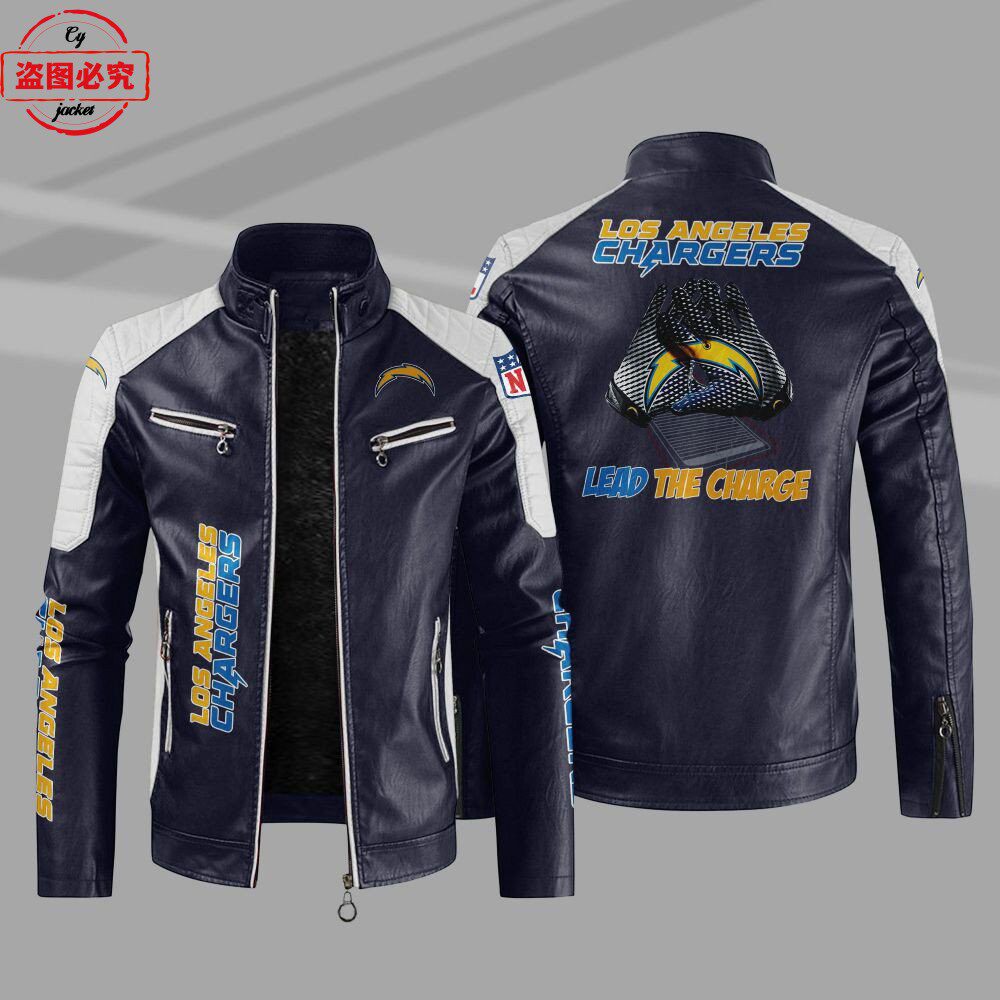 Los Angeles Chargers橄榄球队LOGO印花pu皮衣洛杉矶闪电队服夹克