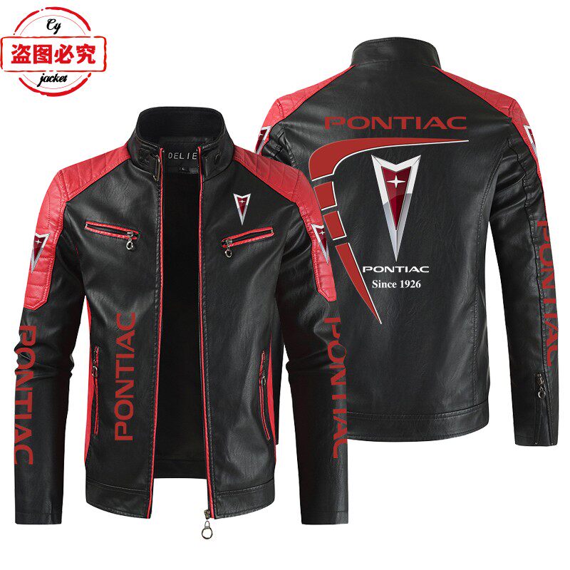 PONTIAC汽车LOGO印花赛车服PU皮衣立领防风旁蒂克车队夹克工作服