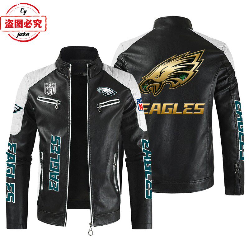 Philadelphia Eagles 橄榄球队LOGO印花pu皮衣费城老鹰队服装夹克