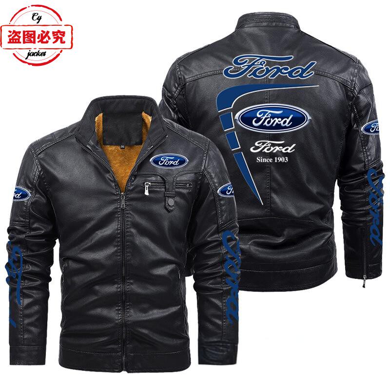福特汽车LOGO夹克赛车服防风冬季加绒保暖福特车队男pu皮纯色夹克