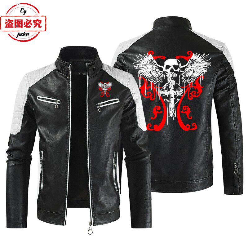 Skull Wing 骷颅印花机车服LOGO水洗pu皮衣防风款男士骑行夹克