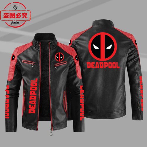 DEADPOOL标志印花皮夹克复古水洗PU皮衣立领防风电影死侍标志夹克
