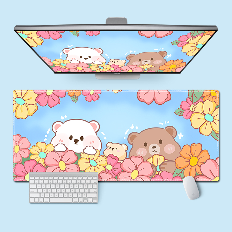 鲜花小熊鼠标垫子男女生办公笔记本电脑键盘垫大号定制锁边防滑垫